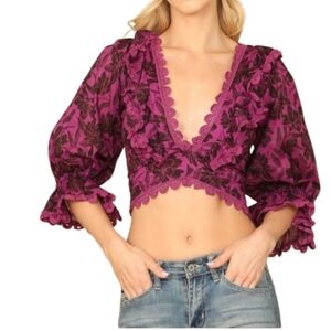 Pink/Black Plunging Neckline Lace Trim Criss-Cross Back Printed Crop Top